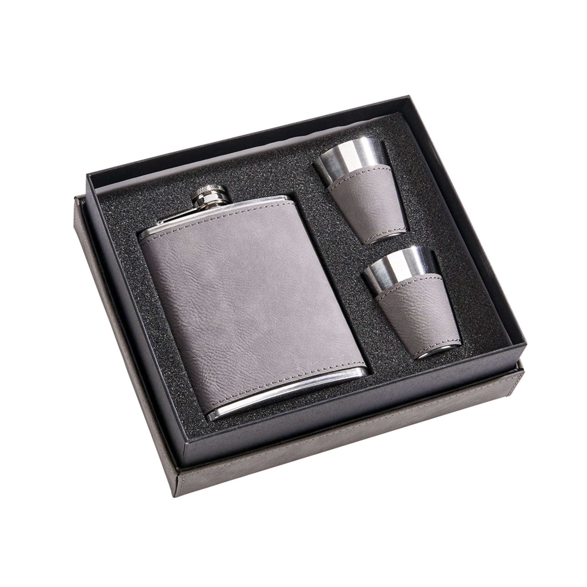 Grey Leatherette Flask & Stainless Steel Shot Glass Set-0