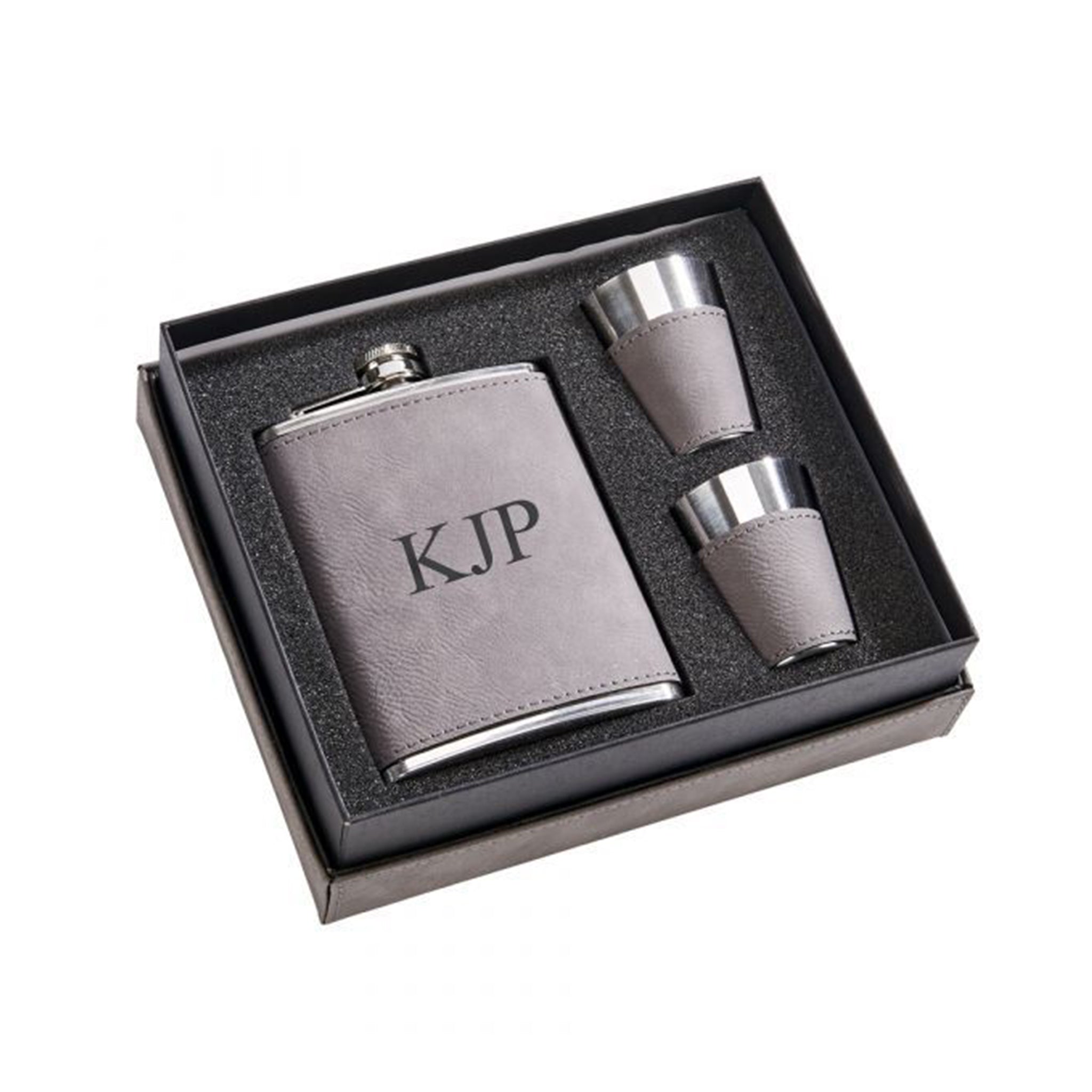 Grey Leatherette Flask & Stainless Steel Shot Glass Set-2