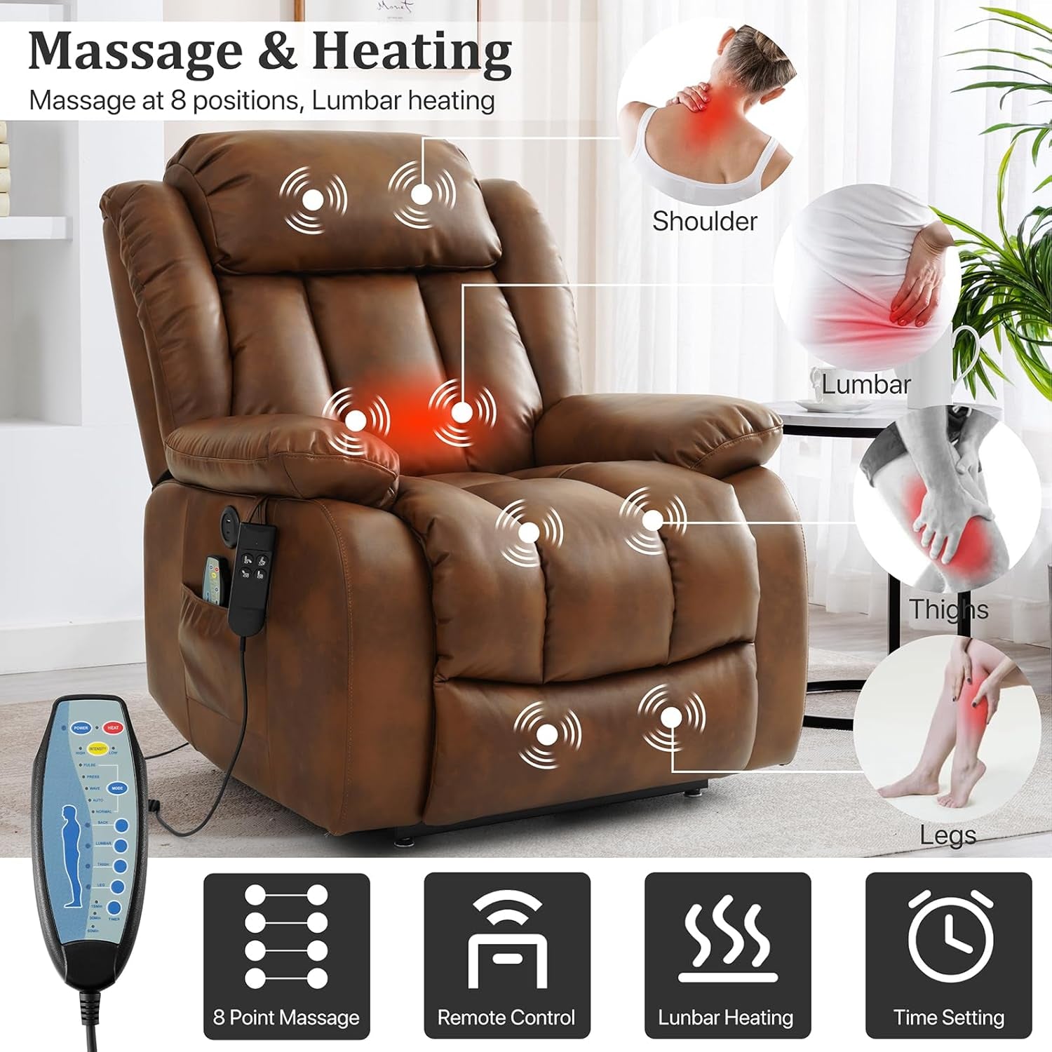 Dual Motor Large Power Lift Recliner Chair Recliners for Elderly, Infinite Position Recliner Chair with Heat and Massage, Breathable Leather(Ochre)
