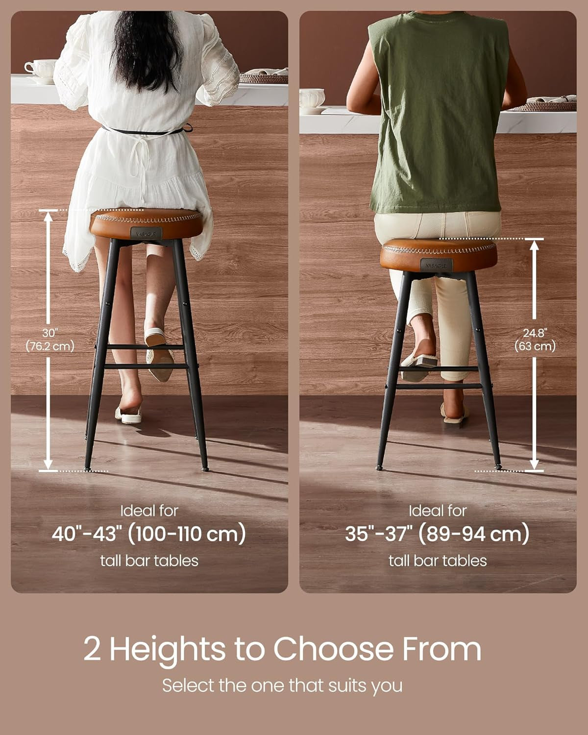 EKHO Collection - Bar Stools Set of 2, Counter Height Bar Stools, Kitchen Counter Stools, Mid-Century Modern Backless Counter Stools, 24.8-Inch Tall, Kitchen Island Home Bar, Caramel Brown-2