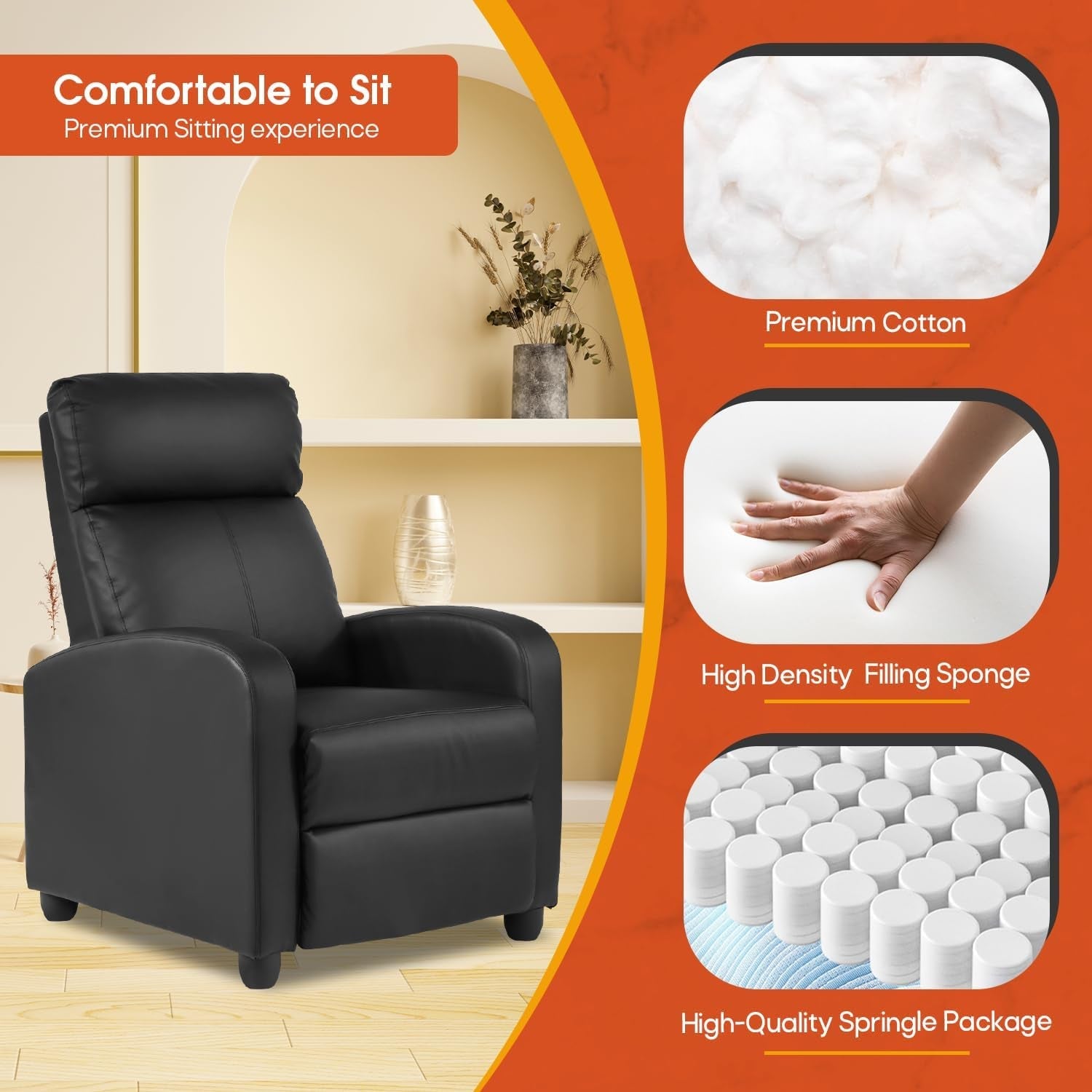 Recliner Chair PU Leather Recliner Sofa Home Theater Seating with Lumbar Support Overstuffed High-Density Sponge Push Back Recliners Armchair for Living Room,Black