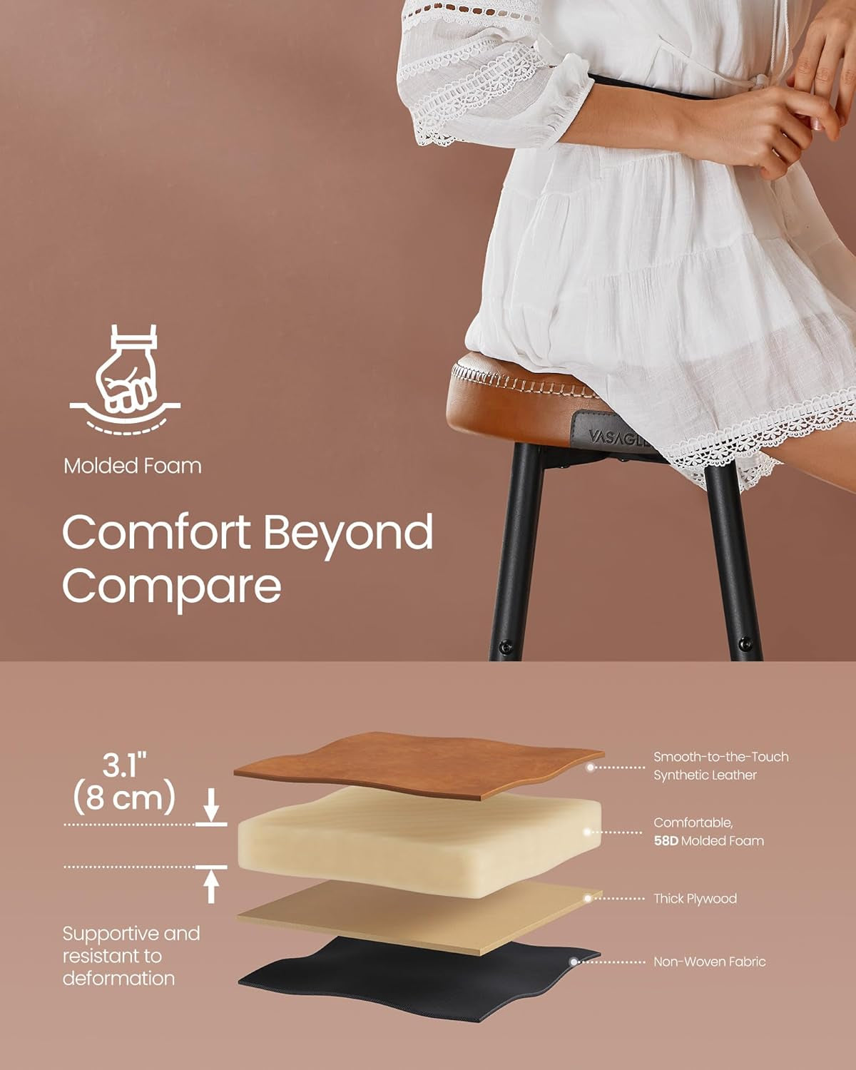 EKHO Collection - Bar Stools Set of 2, Counter Height Bar Stools, Kitchen Counter Stools, Mid-Century Modern Backless Counter Stools, 24.8-Inch Tall, Kitchen Island Home Bar, Caramel Brown-4