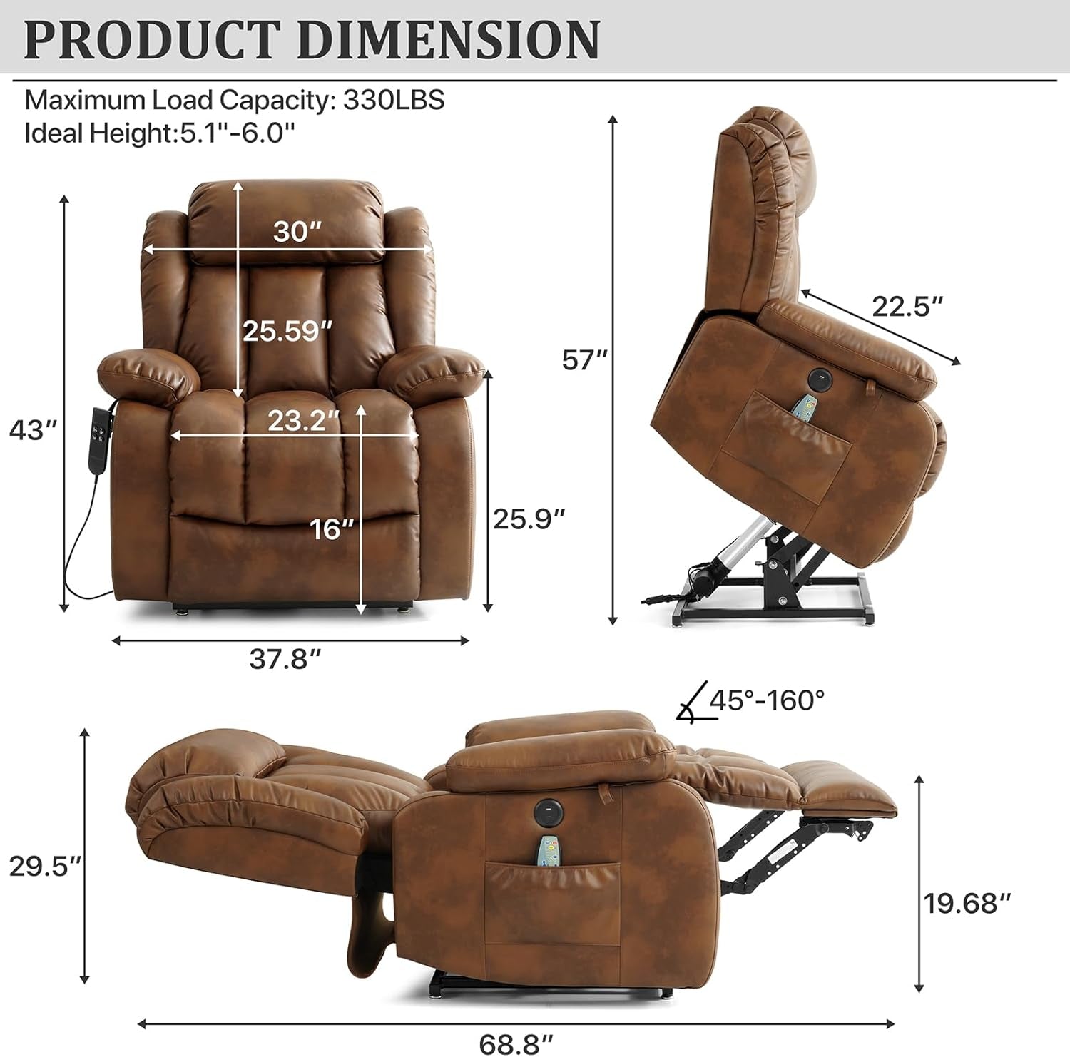 Dual Motor Large Power Lift Recliner Chair Recliners for Elderly, Infinite Position Recliner Chair with Heat and Massage, Breathable Leather(Ochre)