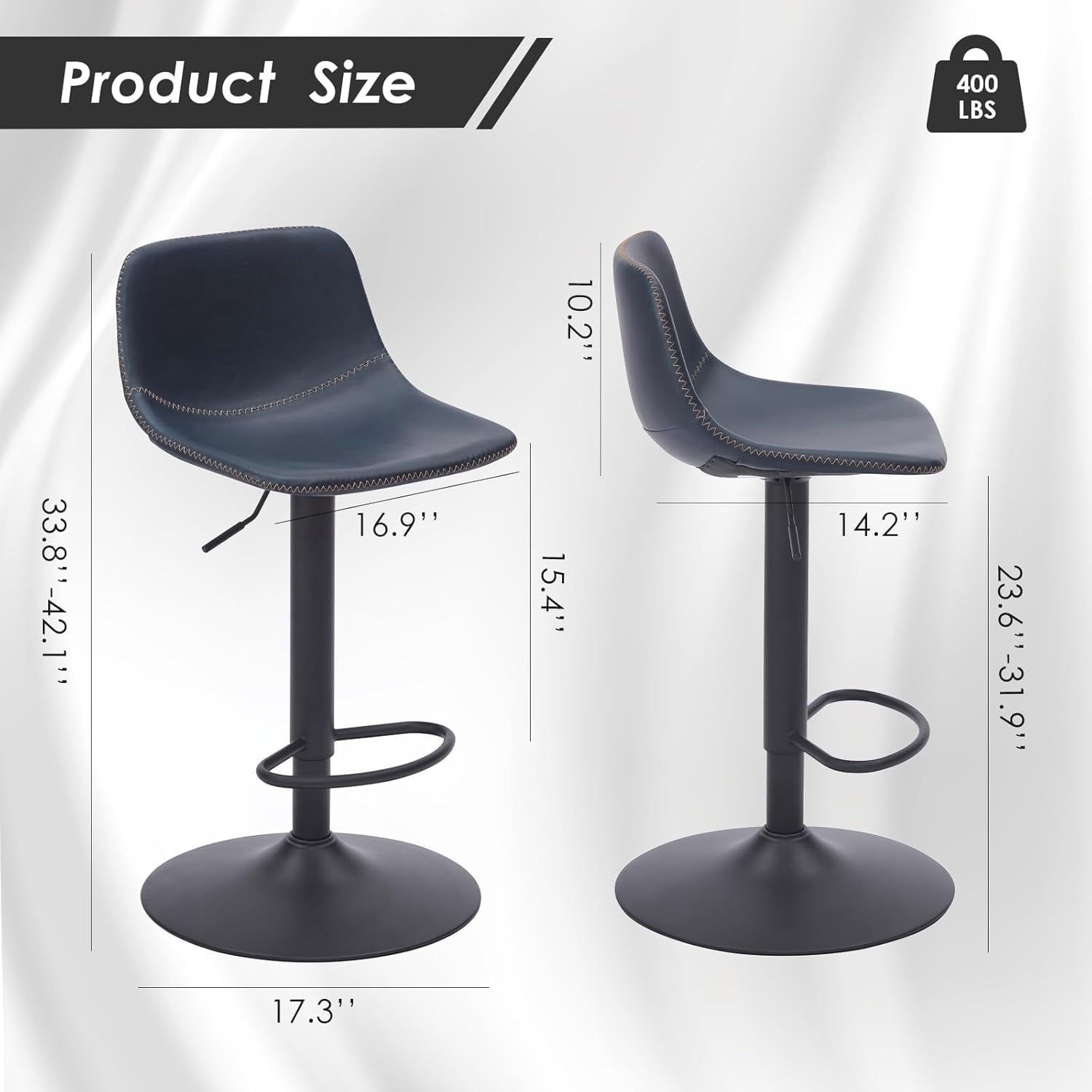 Adjustable Bar Stools Set of 2, Mid Century Modern Swivel Bar Stools, Industrial Bar Height Stools with Back Support Counter Height Bar Chairs Pu Leather Bar Stool for Kitchen Island Rustic Barstools-1