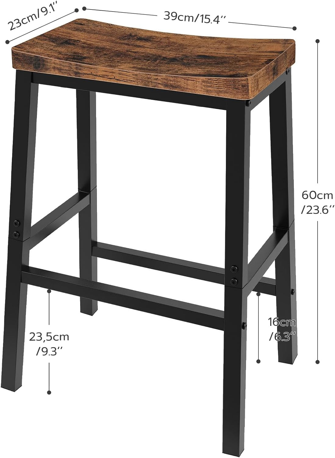 Bar Stools, Set of 2 Bar Chairs, 23.6 Inch Saddle Stools, Kitchen Counter Stools with Footrests, Industrial Stools for Dining Room, Kitchen, Counter, Bar, Rustic Brown and Black BF02MD01-4