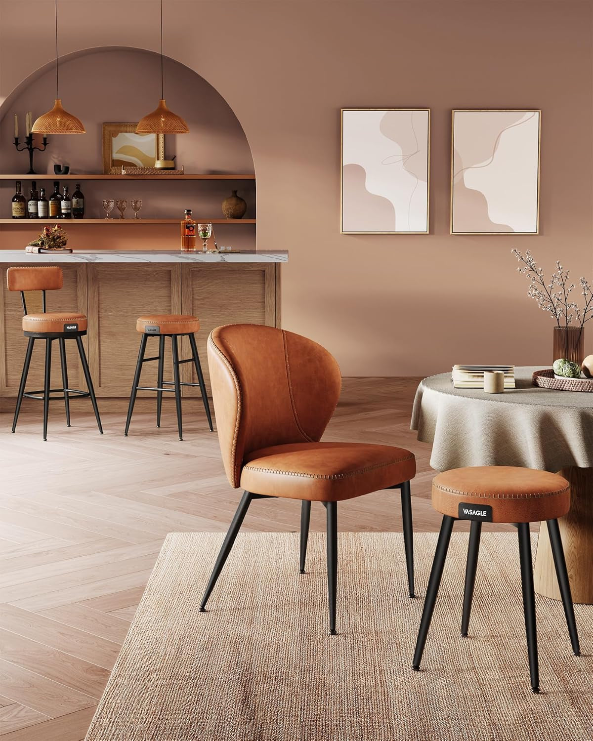 EKHO Collection - Bar Stools Set of 2, Counter Height Bar Stools, Kitchen Counter Stools, Mid-Century Modern Backless Counter Stools, 24.8-Inch Tall, Kitchen Island Home Bar, Caramel Brown-1