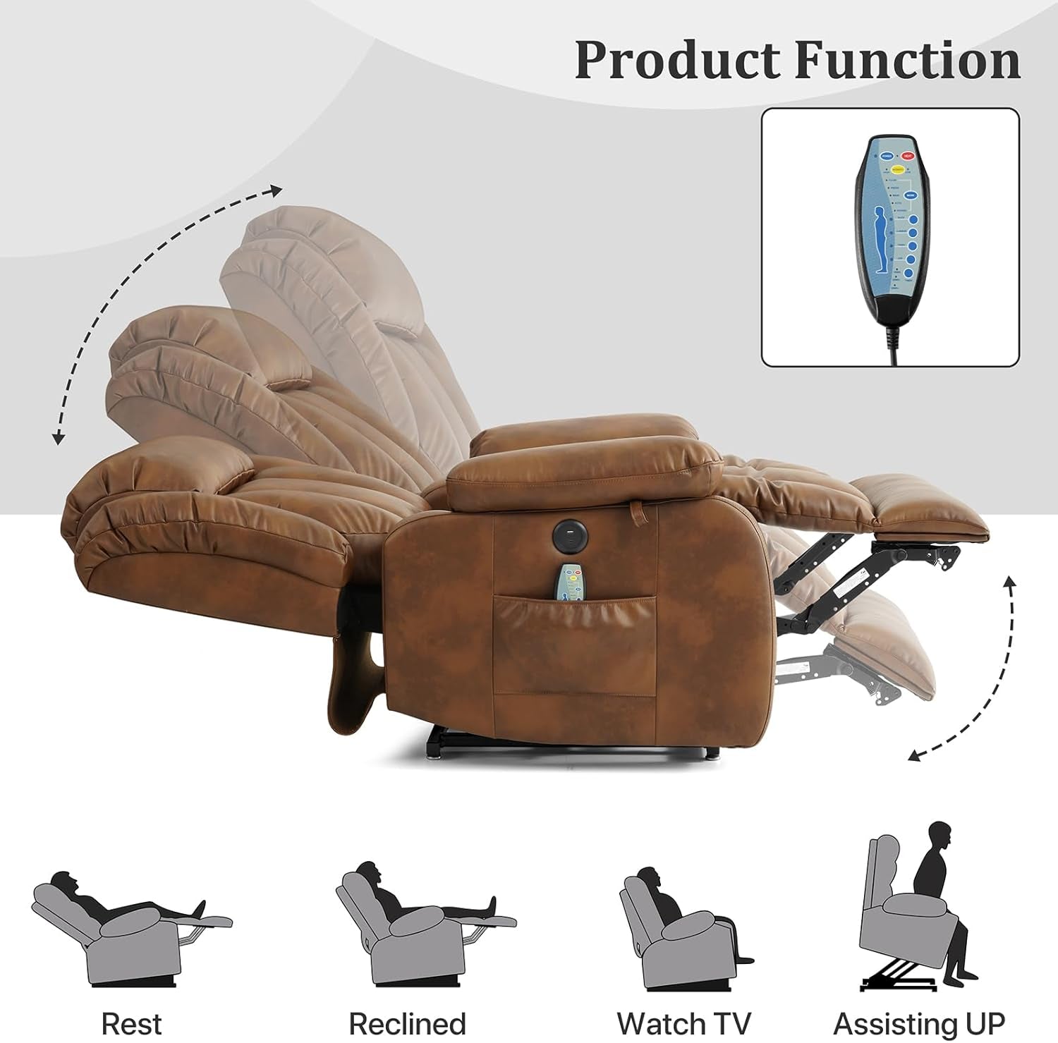 Dual Motor Large Power Lift Recliner Chair Recliners for Elderly, Infinite Position Recliner Chair with Heat and Massage, Breathable Leather(Ochre)