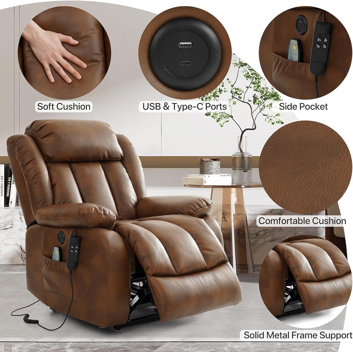 Dual Motor Large Power Lift Recliner Chair Recliners for Elderly, Infinite Position Recliner Chair with Heat and Massage, Breathable Leather(Ochre)