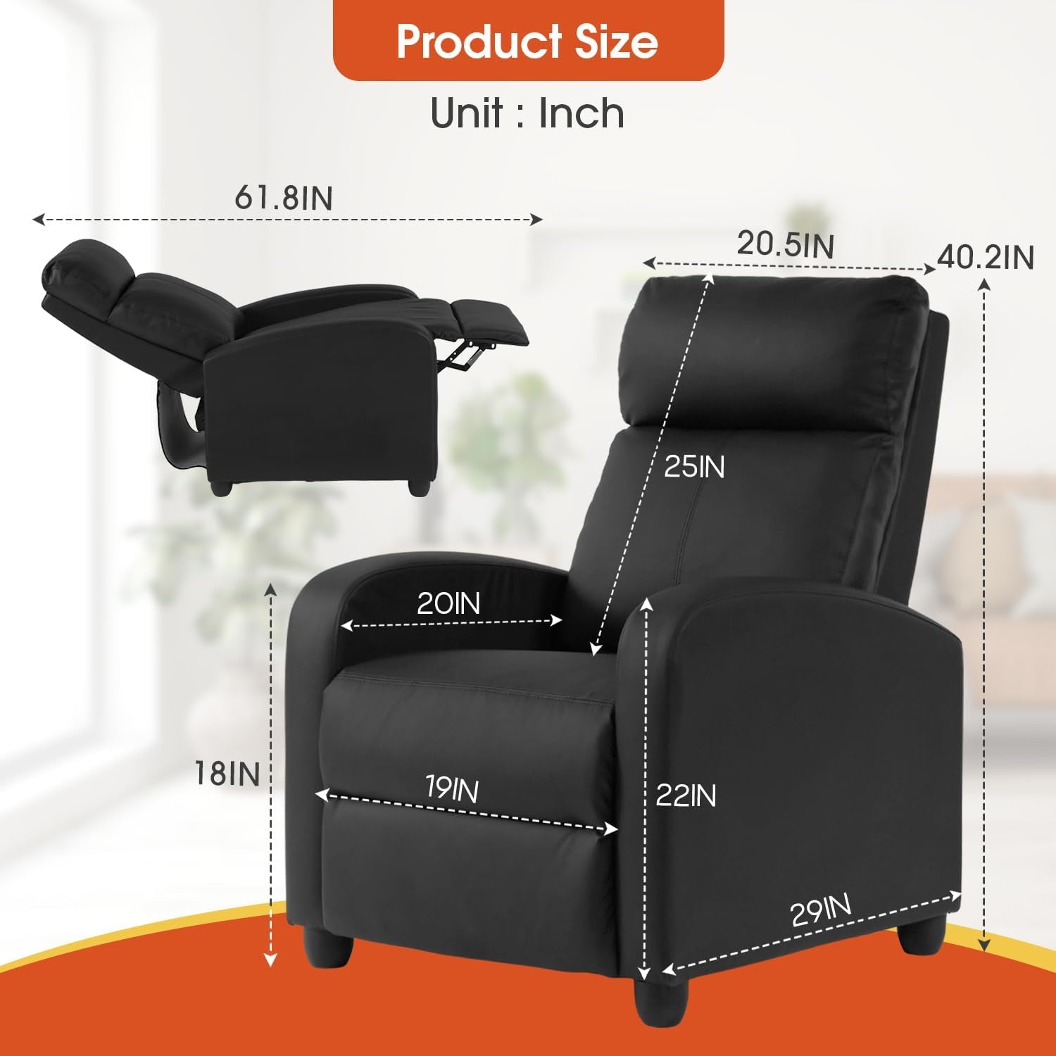 Recliner Chair PU Leather Recliner Sofa Home Theater Seating with Lumbar Support Overstuffed High-Density Sponge Push Back Recliners Armchair for Living Room,Black