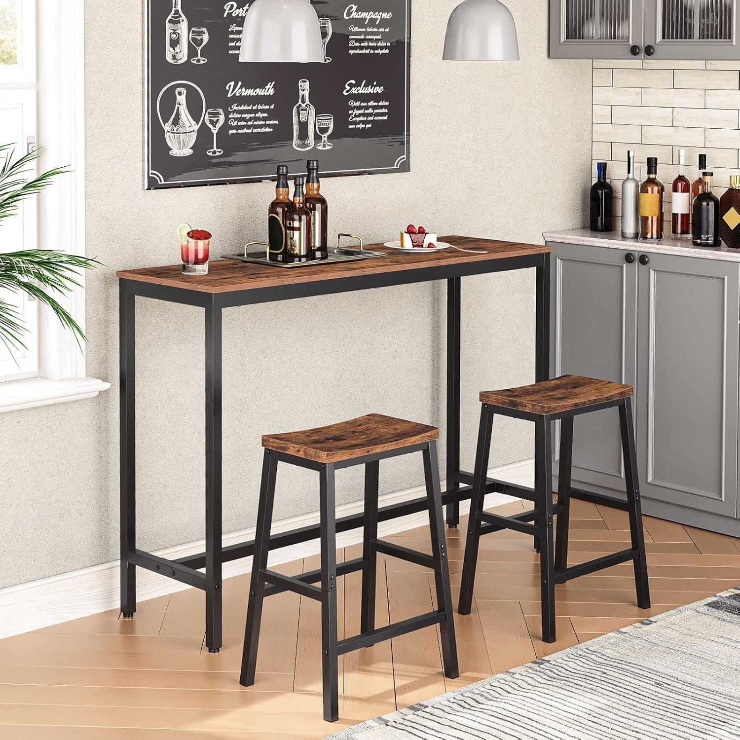 Bar Stools, Set of 2 Bar Chairs, 23.6 Inch Saddle Stools, Kitchen Counter Stools with Footrests, Industrial Stools for Dining Room, Kitchen, Counter, Bar, Rustic Brown and Black BF02MD01-2