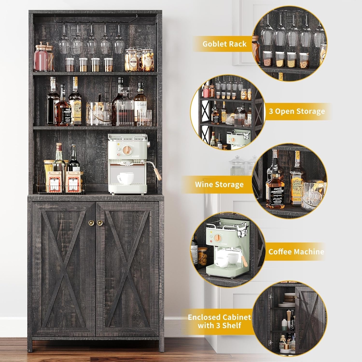 67" Tall Wine Bar Cabinet for Liquor and Glasses, Farmhouse Kitchen Cabinet Coffee Bar with Adjustable Shelves, Open Storage Shelves, Buffet Kitchen Cabinet for Dinning Room, Kitchen, Rustic Oak-4