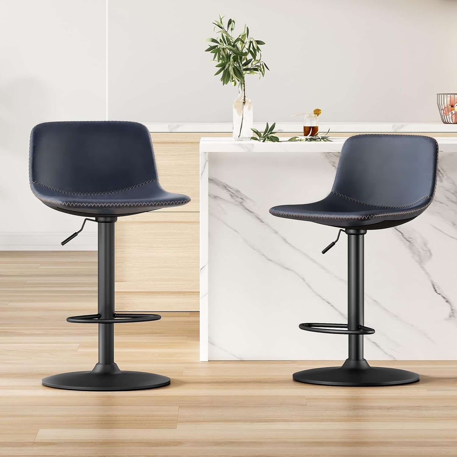 Adjustable Bar Stools Set of 2, Mid Century Modern Swivel Bar Stools, Industrial Bar Height Stools with Back Support Counter Height Bar Chairs Pu Leather Bar Stool for Kitchen Island Rustic Barstools-0