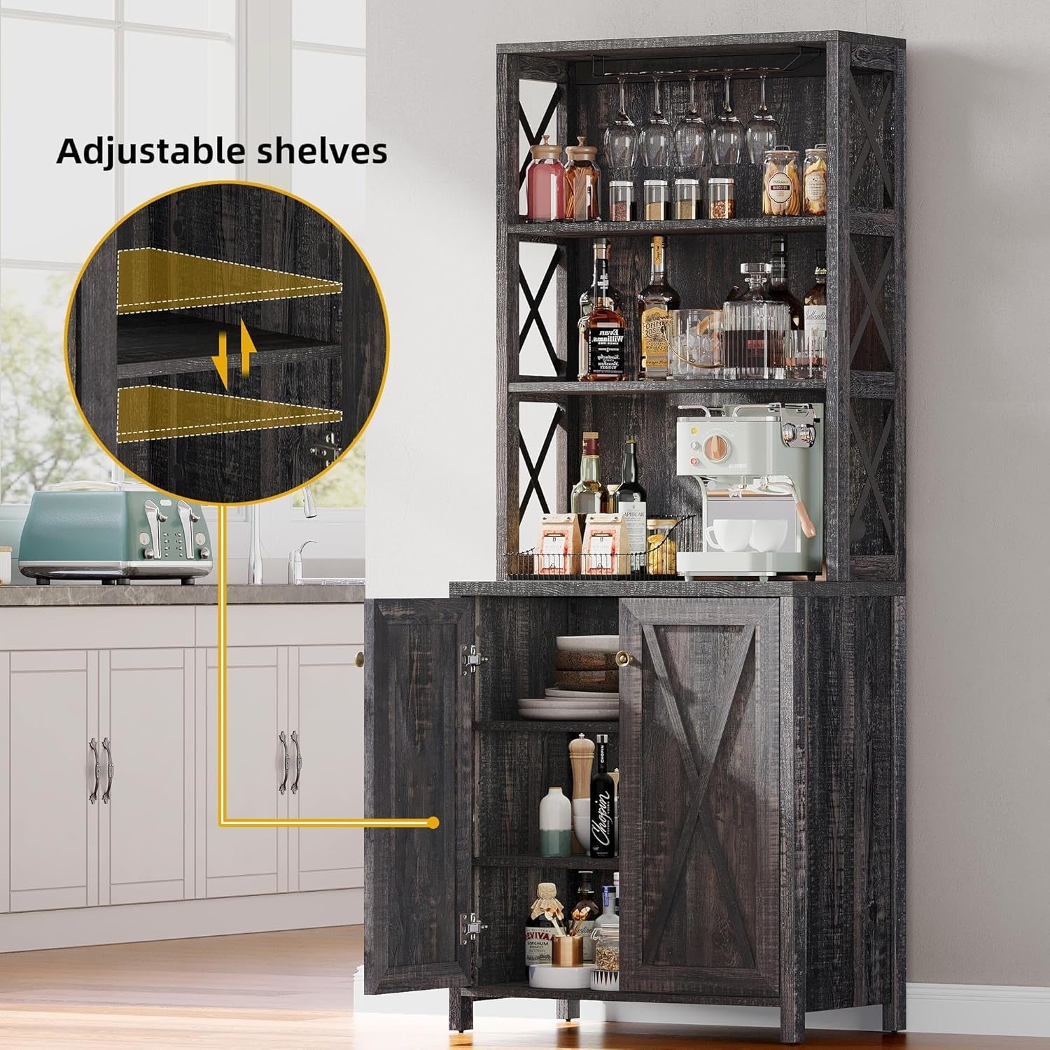 67" Tall Wine Bar Cabinet for Liquor and Glasses, Farmhouse Kitchen Cabinet Coffee Bar with Adjustable Shelves, Open Storage Shelves, Buffet Kitchen Cabinet for Dinning Room, Kitchen, Rustic Oak-2