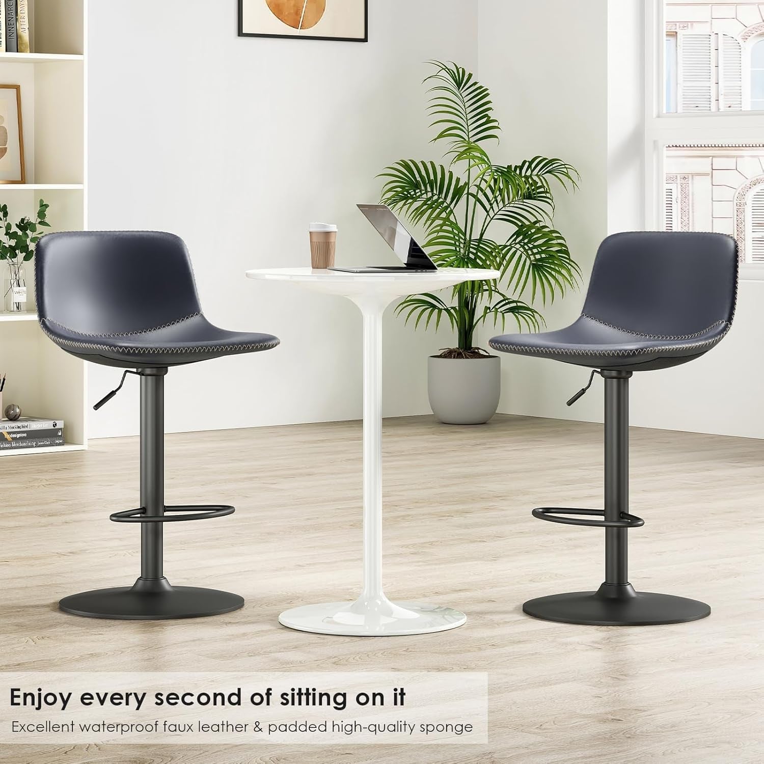 Adjustable Bar Stools Set of 2, Mid Century Modern Swivel Bar Stools, Industrial Bar Height Stools with Back Support Counter Height Bar Chairs Pu Leather Bar Stool for Kitchen Island Rustic Barstools-3