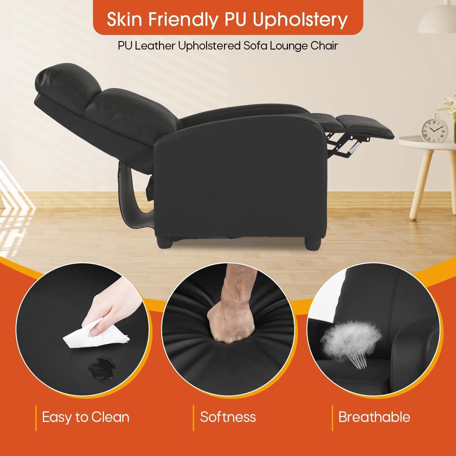 Recliner Chair PU Leather Recliner Sofa Home Theater Seating with Lumbar Support Overstuffed High-Density Sponge Push Back Recliners Armchair for Living Room,Black