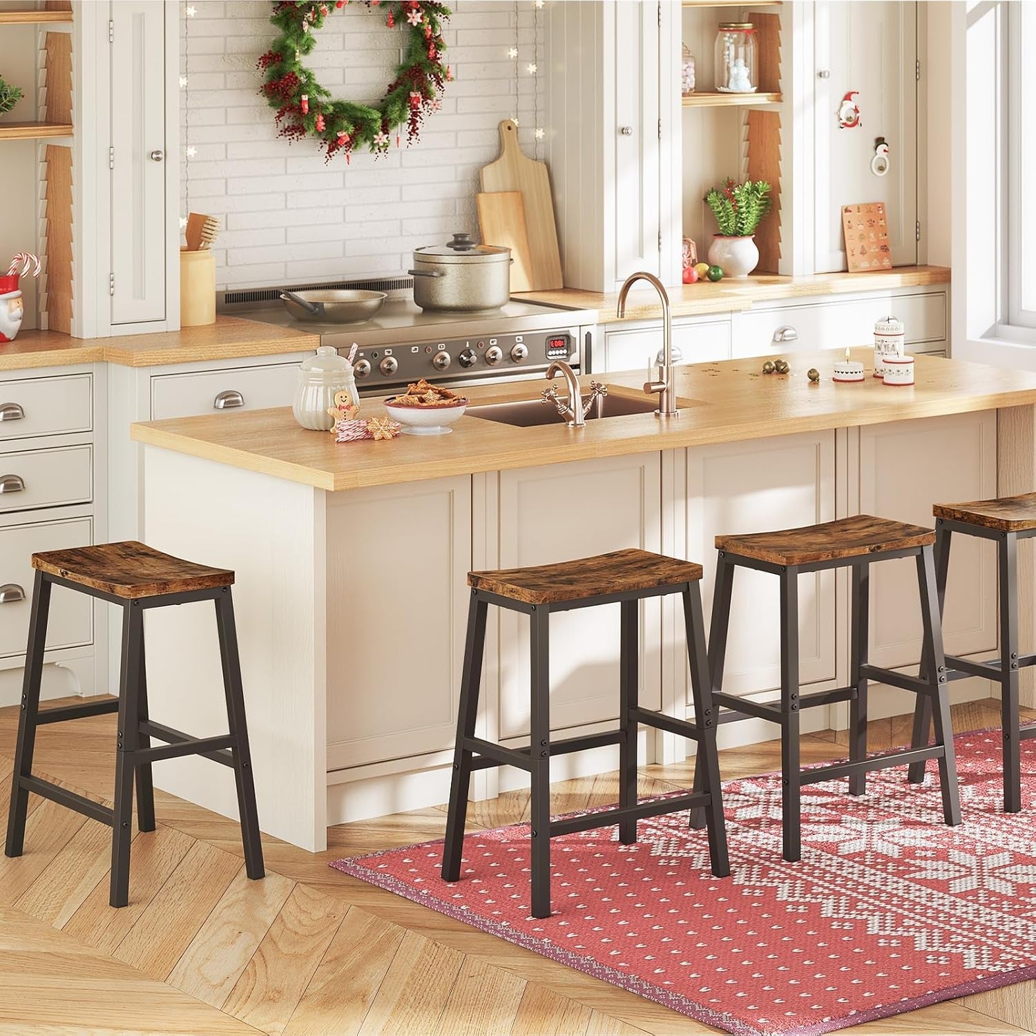 Bar Stools, Set of 2 Bar Chairs, 23.6 Inch Saddle Stools, Kitchen Counter Stools with Footrests, Industrial Stools for Dining Room, Kitchen, Counter, Bar, Rustic Brown and Black BF02MD01-1