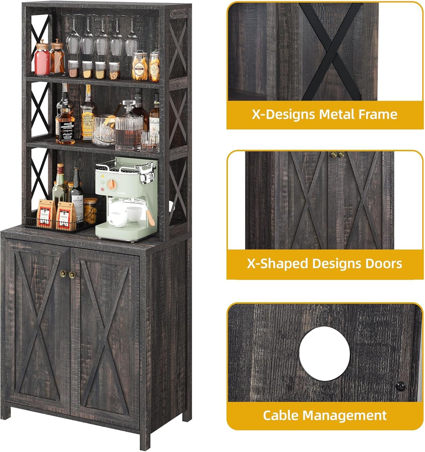 67" Tall Wine Bar Cabinet for Liquor and Glasses, Farmhouse Kitchen Cabinet Coffee Bar with Adjustable Shelves, Open Storage Shelves, Buffet Kitchen Cabinet for Dinning Room, Kitchen, Rustic Oak-3