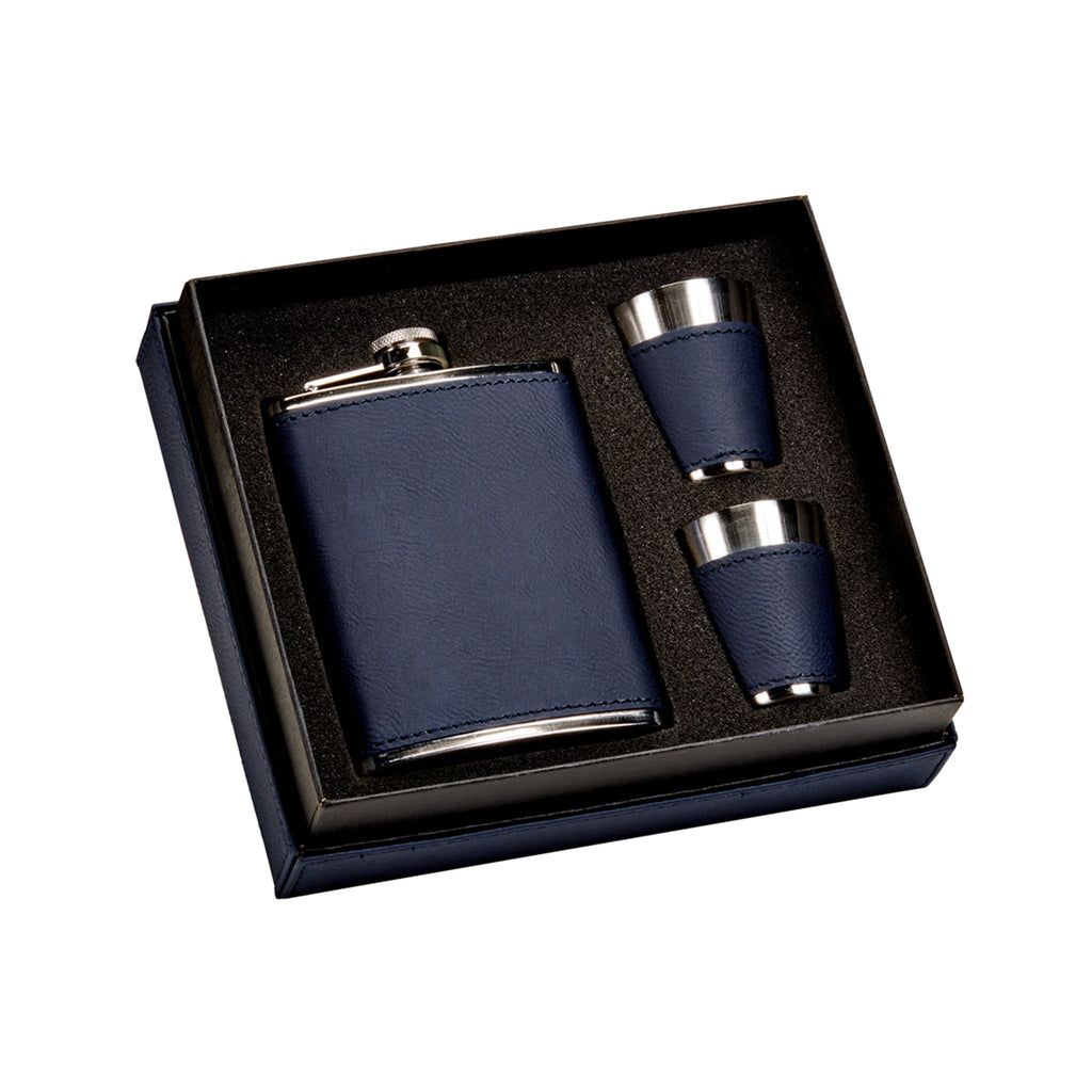 Navy Leatherette Flask & Stainless Steel Shot Glass Set-0