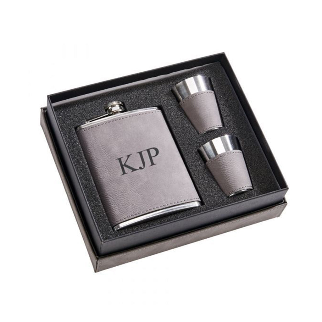 Grey Leatherette Flask & Stainless Steel Shot Glass Set-2