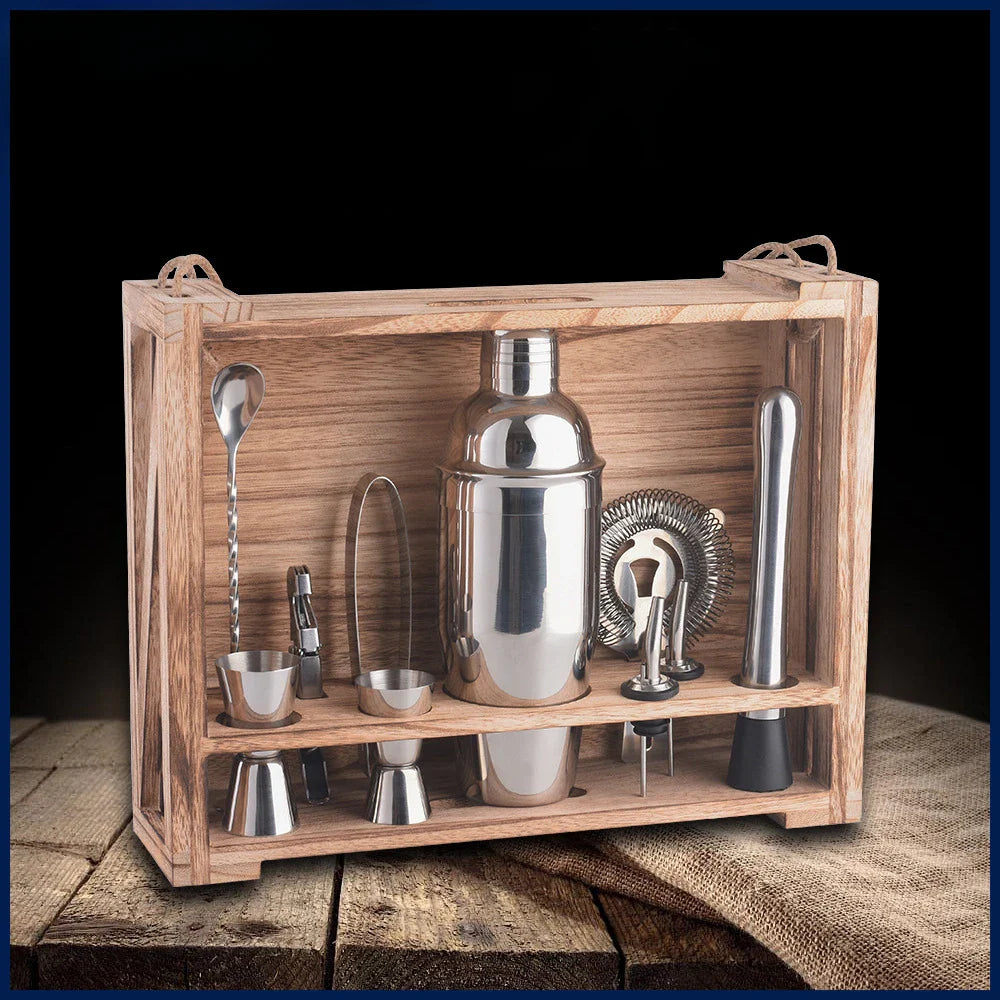 NNEOBA 11PC Bartender Cocktail Shaker Mixer Kit with Wooden Shelf-1