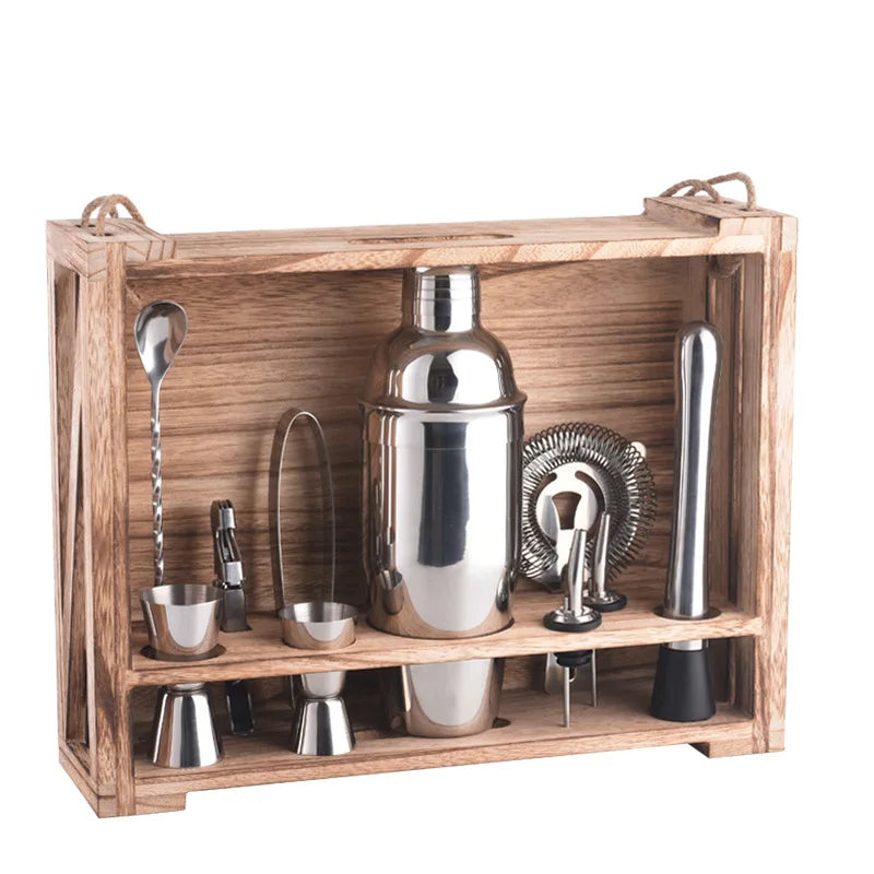 NNEOBA 11PC Bartender Cocktail Shaker Mixer Kit with Wooden Shelf-0