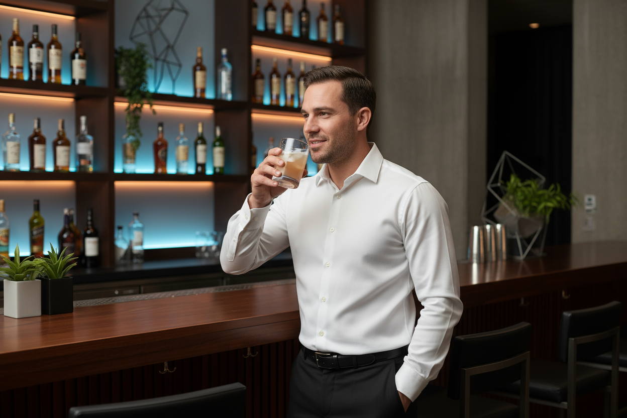 Casual Fitted long sleeve Dress shirt in white on a average build man, whos at a modern bar