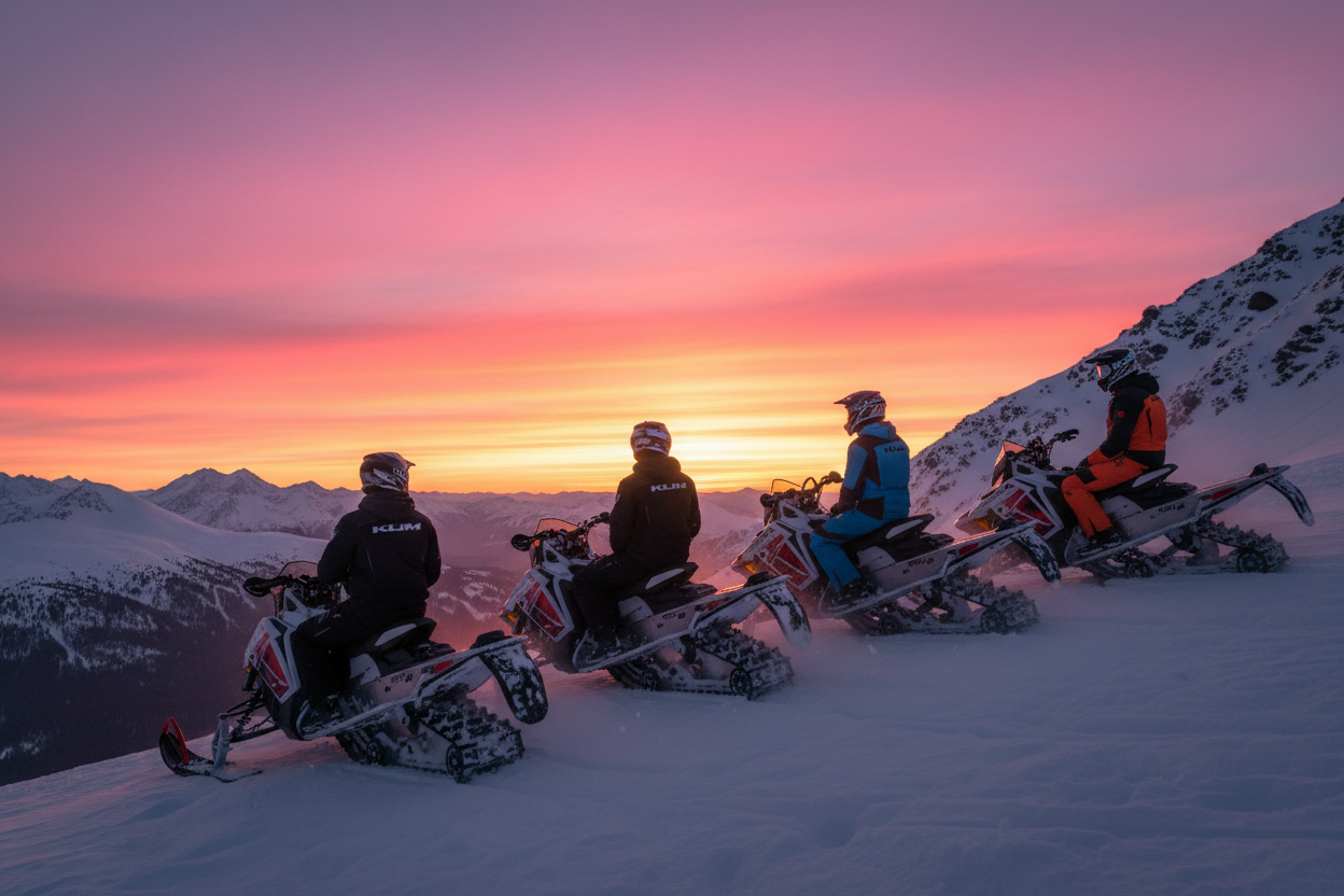 four mne, dressed in Helmets, Klim snowmobiling mono suits, Sitting each on their own Polaris 850 turbo Snowmobiles, on the side of a mountain, watching a sunset with pink and purple hues, set behind the other mountain peaks